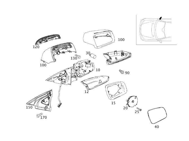 Kit Complet Rétroviseur Droit Passager Classe E W204 code couleur INCOLORE Mercedes-Benz